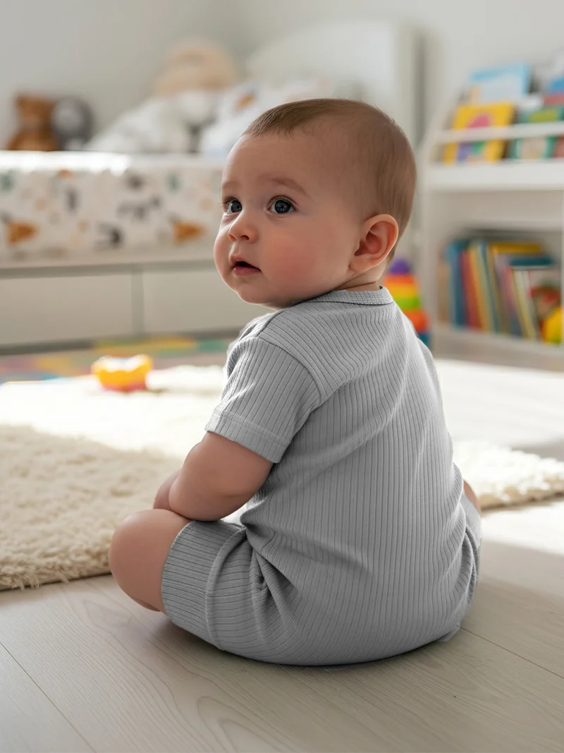 Babies Basic Babies Basic Ribbed Cotton Short Sleeves Romper, Gray